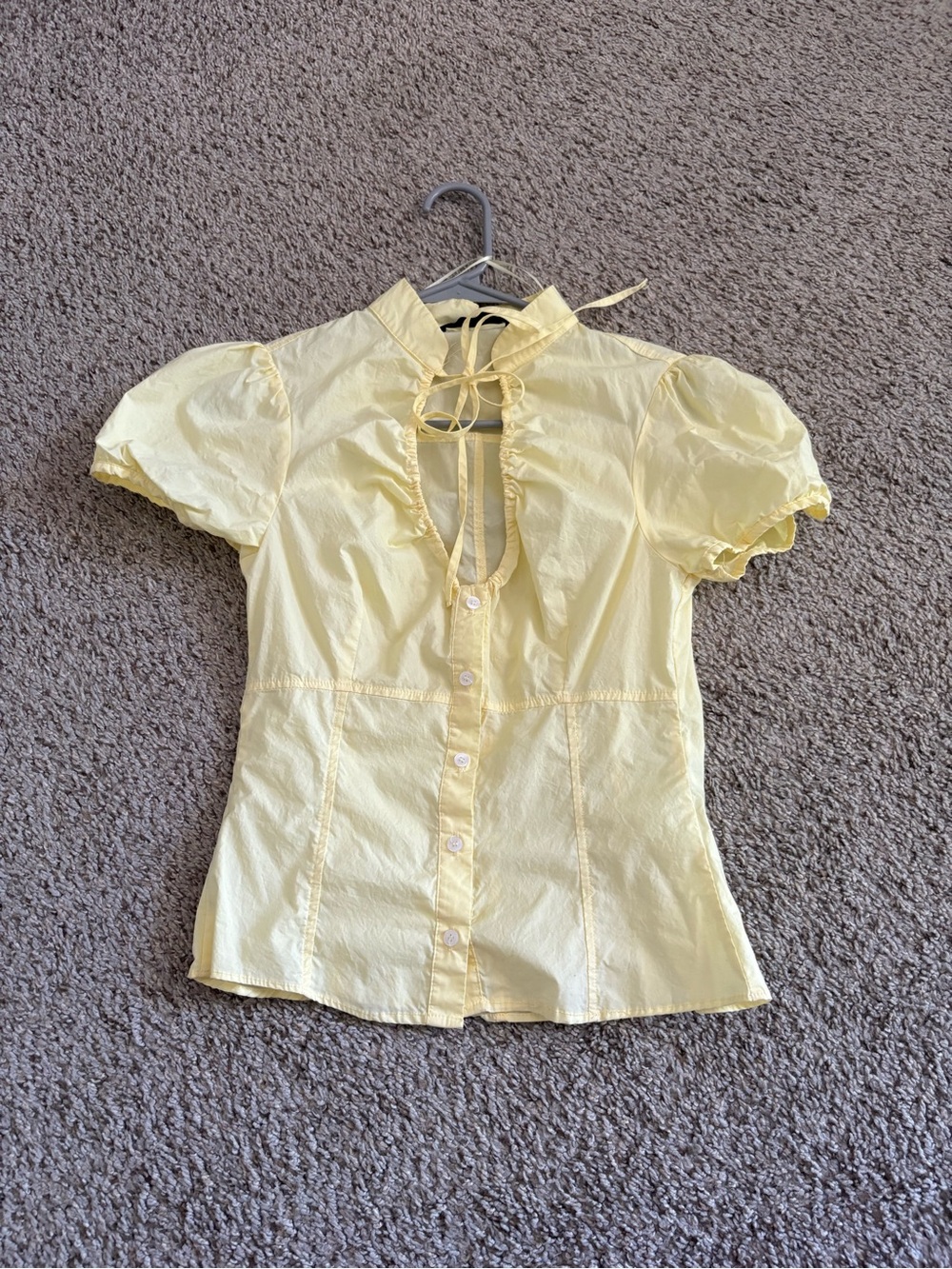 Zara Pale Yellow Tie-Neck Puff Sleeve Blouse